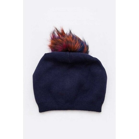 Mix Raccoon Fur Pom Cashmere Slouchy Beanie- Navy